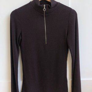 Villa Brown Ribbed Long Sleeve Shirt Retro Zipper XS